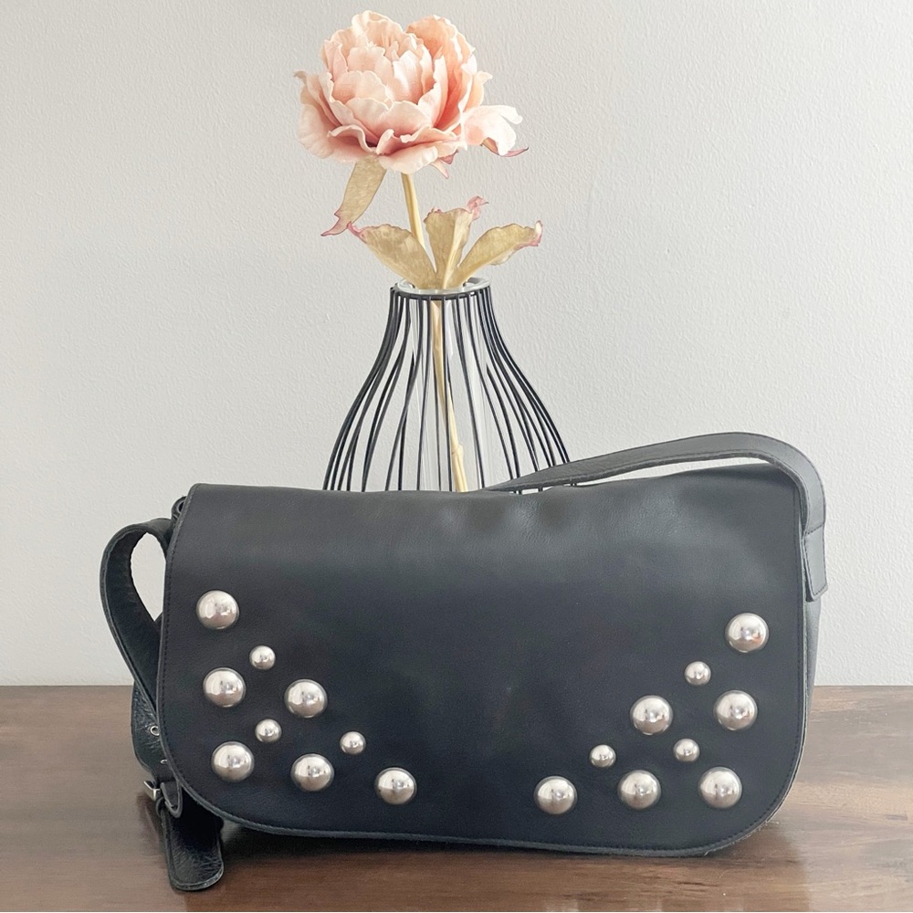 FURLA Vintage Rare Black Leather Ball Studded Flap Shoulder Bag